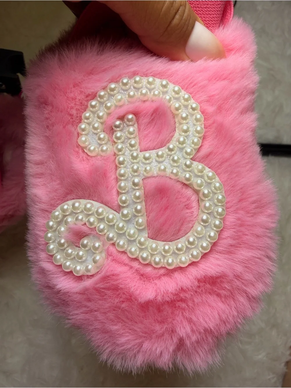 Girls Pink Faux-Fur Pearl Embellished Slip-On Slippers